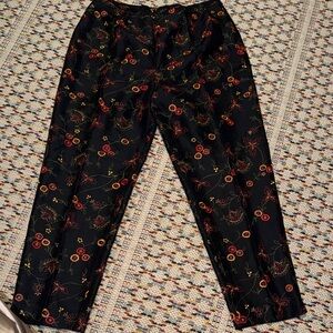 SilkLand Black Trousers with Red and Gold Floral Embroidery